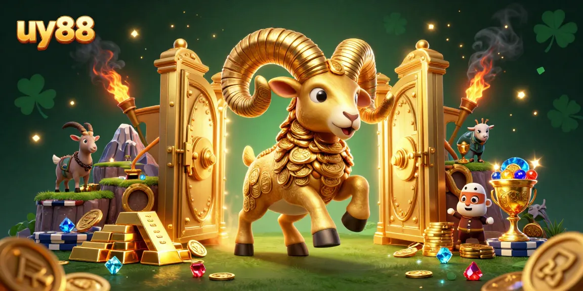 uy88 captures the excitement of a dynamic casino scene with a golden ram and treasures