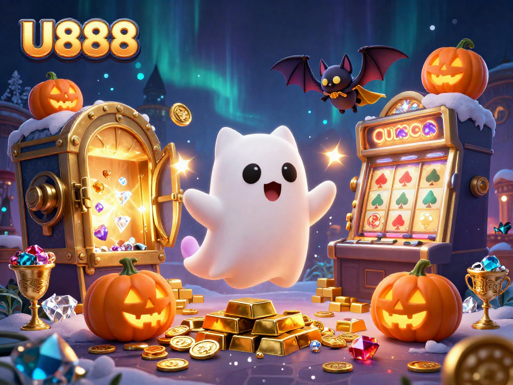 Engage with U888's thrilling casino games featuring a ghost cat and a bat in a vibrant 3D illustration.