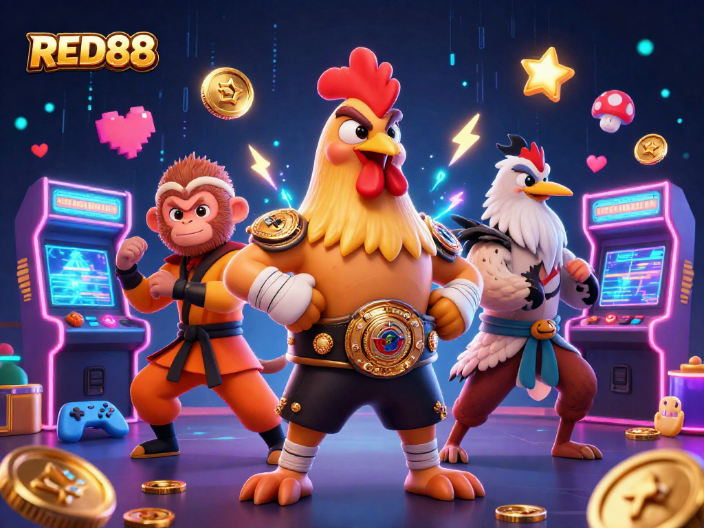 Experience exciting gaming action at RED88 with dynamic characters and vibrant casino elements.