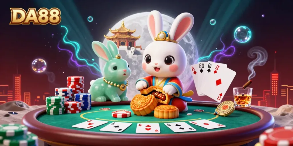 Experience the thrilling DA88 moon rabbit adventure with poker chips and a jade rabbit companion.