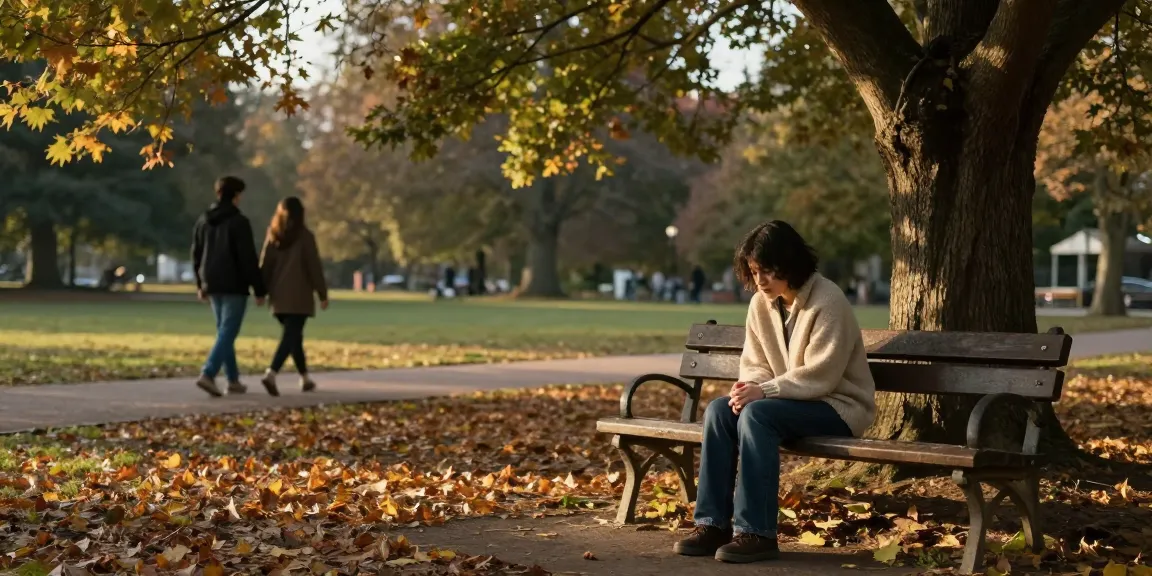 A contemplative moment at Rokok88, capturing a person sitting on a park bench, symbolizing resilience amidst emotional struggle.