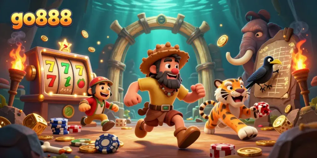 Experience excitement at go888 with a dynamic prehistoric casino scene with characters and games.