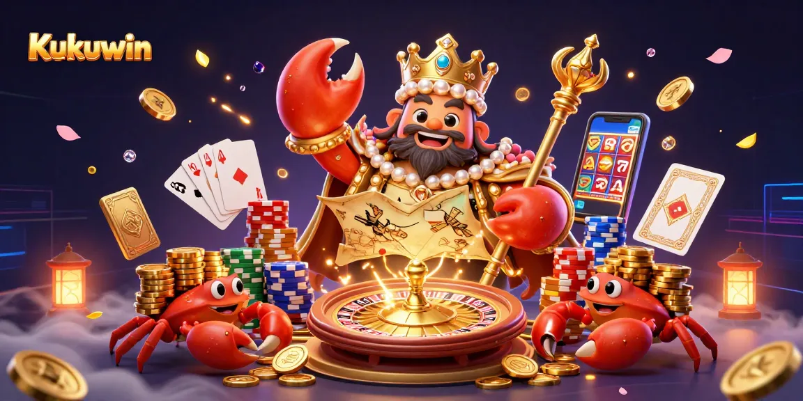 Kukuwin showcases a stunning 3D crab emperor amidst cascading coins and vibrant game elements in a casino scene.