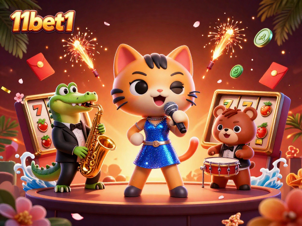 11bet1 features a jazz-singer cat and friends celebrating with vibrant casino themes.