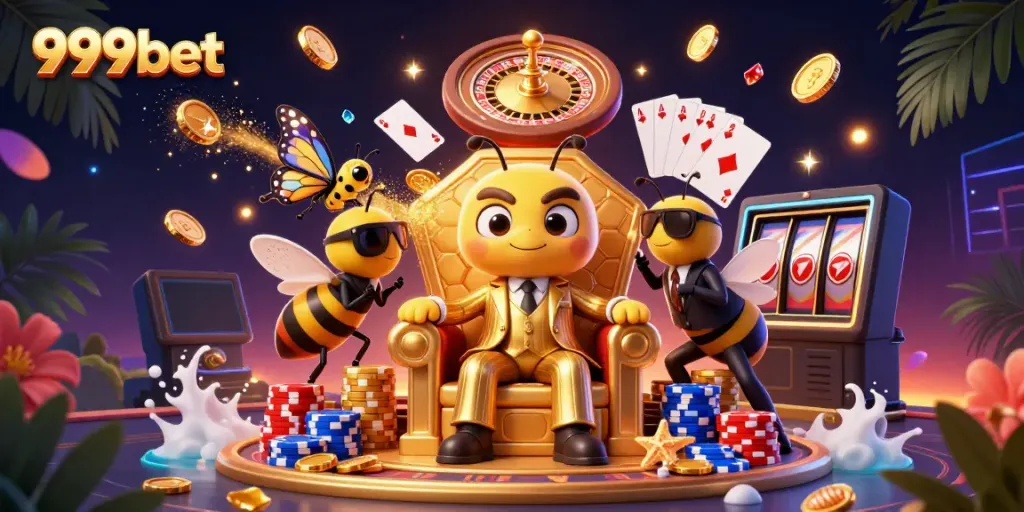 Experience the thrilling atmosphere of 999bet with a vibrant casino scene featuring animated characters and game elements.