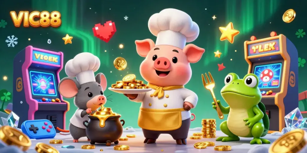 Experience VIC88 with vibrant characters serving gold coins amidst dynamic casino elements.