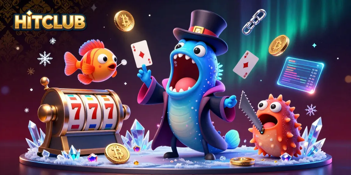 Engage with HITCLUB's exciting magic card tricks amidst vibrant casino elements and crypto coins.
