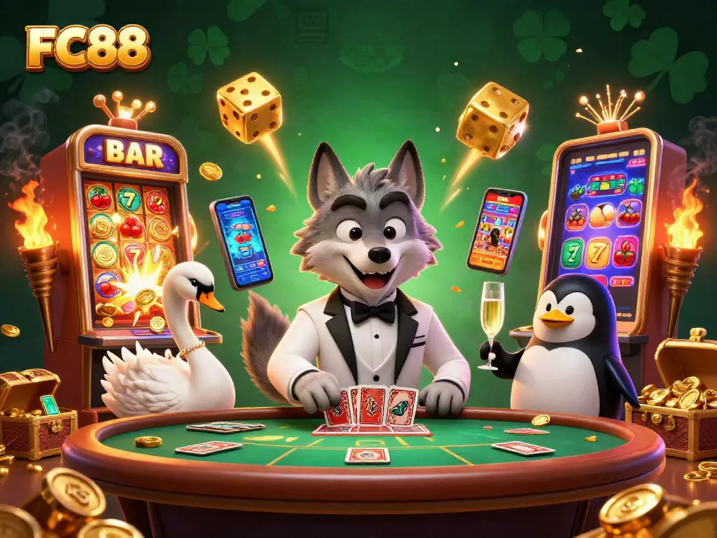 Experience thrilling outcomes at FC88 with a debonair wolf at a baccarat table amid vibrant casino elements.