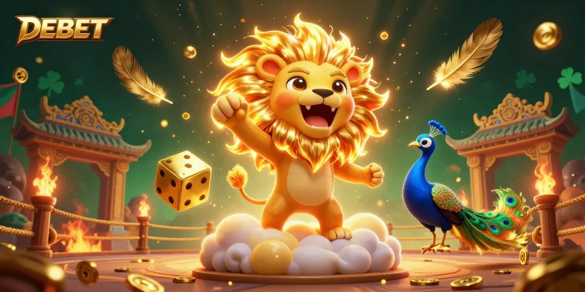 Experience thrilling gameplay at DEBET with a dynamic 3D casino scene featuring a roaring lion, golden dice, and vibrant elements.