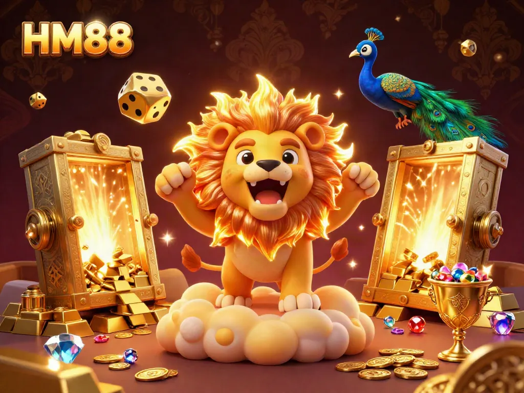 Experience the thrill of gaming with HM88 as a sun lion roars amidst colossally golden dice and treasures.