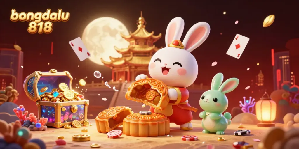 Experience bongdalu 818 with a playful moon rabbit pounding mooncakes revealing poker chips in a vibrant, magical scene.