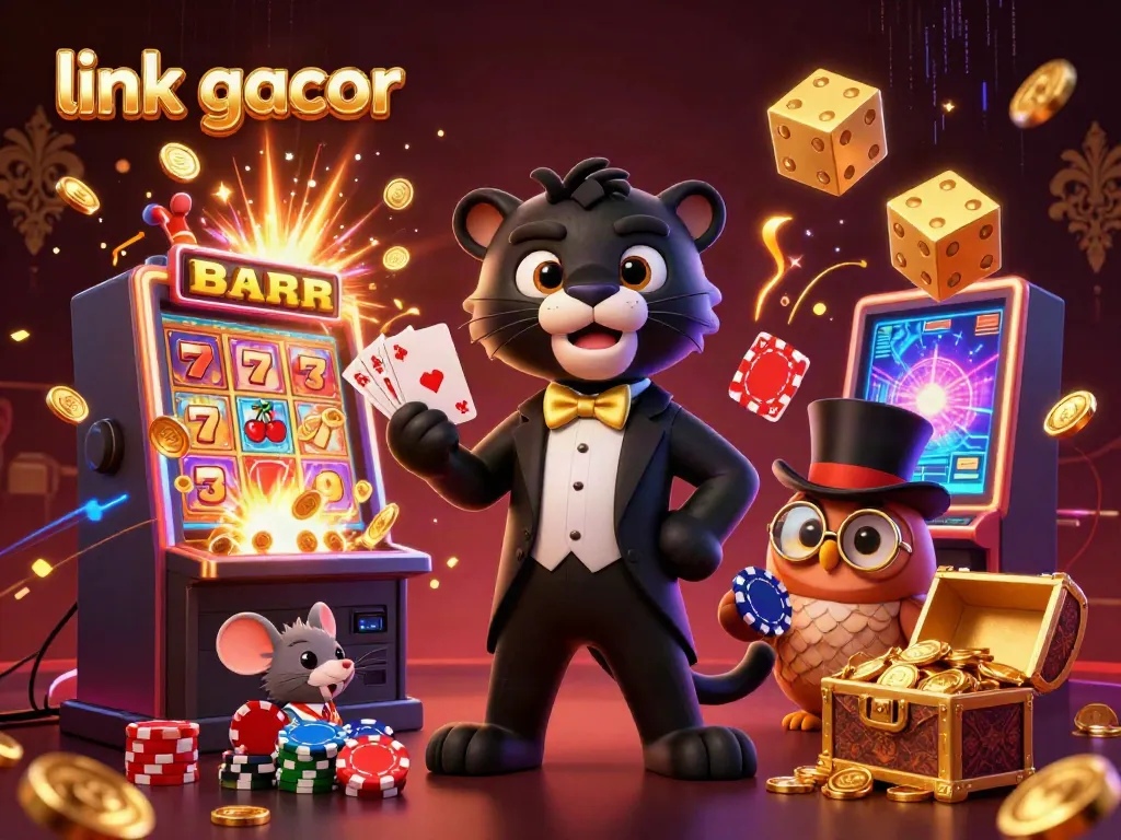 Experience the excitement of link gacor as a panther deals cards beside an owl and mouse amidst a jackpot shower.