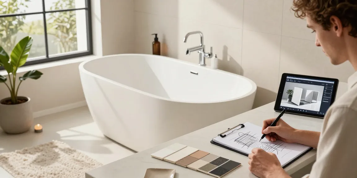 KingKonree's solid surface freestanding bathtub in a designer's contemporary bathroom showcasing innovative and hygienic features.
