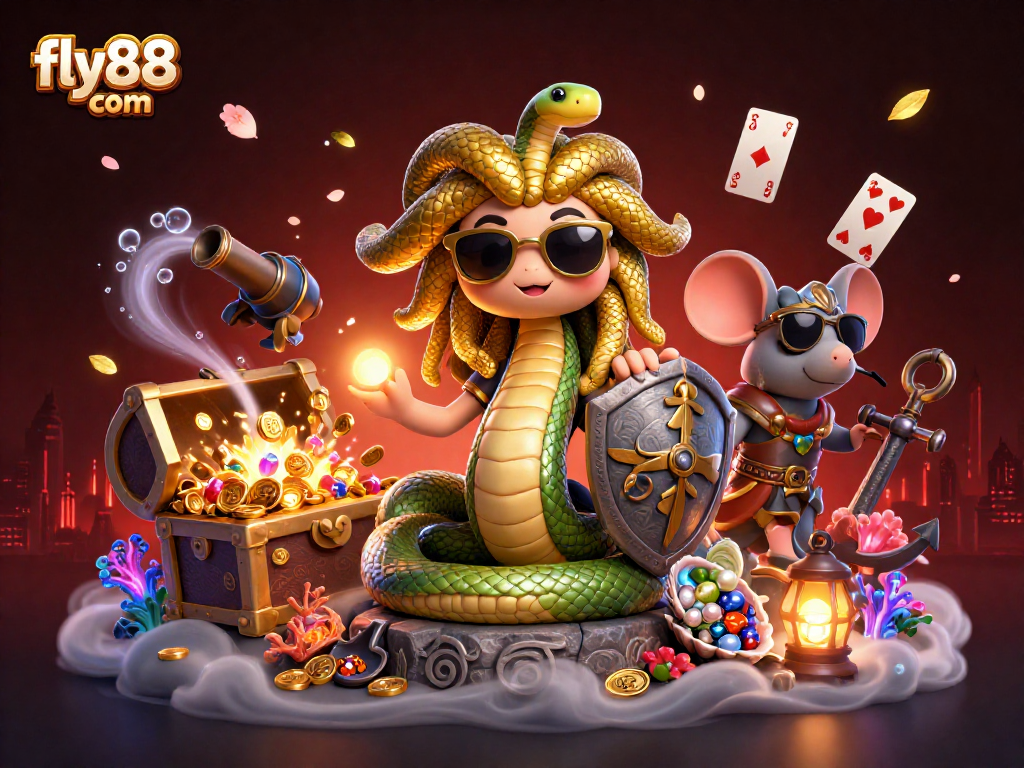 Engage in the thrills of fly88 com with a playful Medusa and a warrior mouse amidst casino treasures.