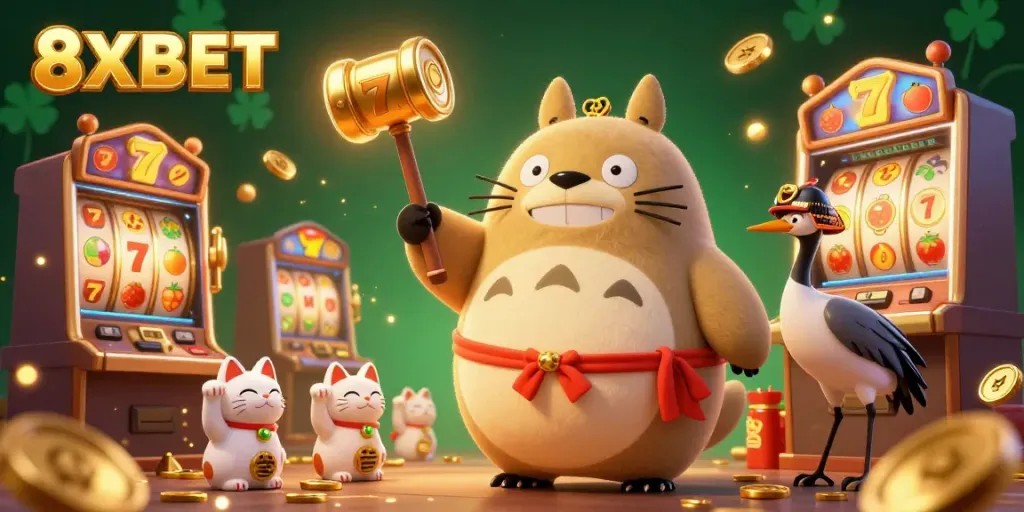 Experience vibrant gaming action with 8XBET's cheerful tanuki and festive atmosphere.