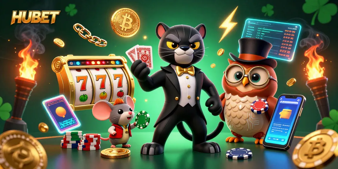 Experience the excitement of HUBET with a stylish casino scene featuring a tuxedo-clad panther, poker chips, and slot elements.