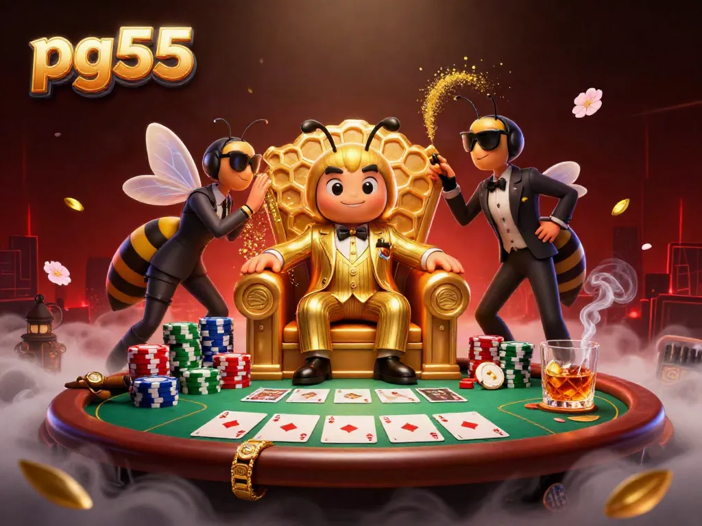 Engage with pg55's thrilling casino experience in a vibrant 3D scene featuring a bumblebee mob boss and rich gaming details.
