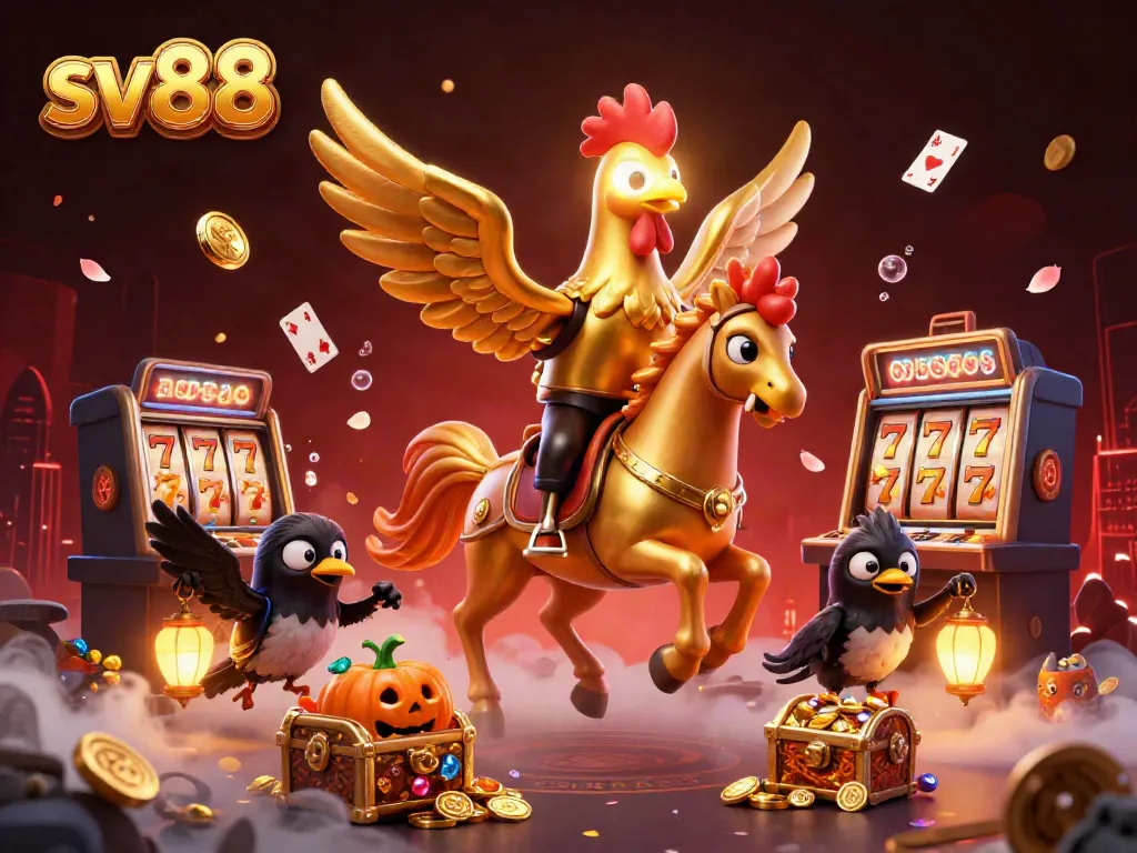 Experience the vibrant world of sv88, featuring a golden rooster and friends amid a dazzling casino scene.