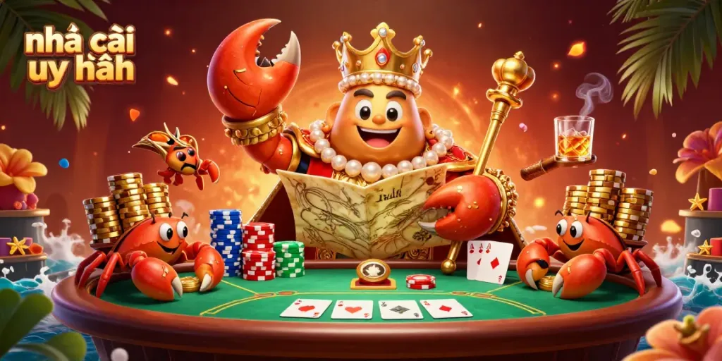 Join the thrilling world at nhà cái uy tín with a massive golden crab emperor orchestrating a high-stakes poker game.