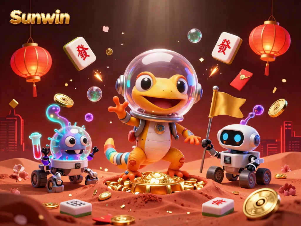 Sunwin gecko explores a golden casino on Mars filled with vibrant gambling elements