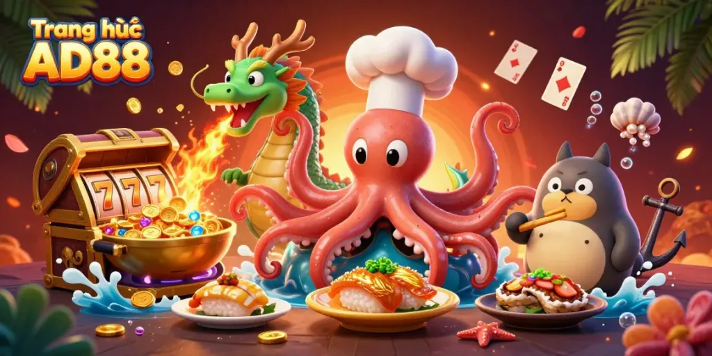 Experience the excitement of Trang chủ AD88 through a dynamic casino-themed illustration featuring unique characters and gaming elements.