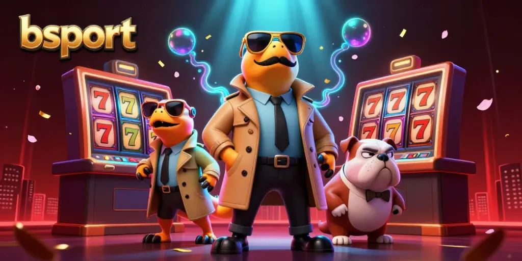 Bets on bsport in a vibrant casino scene featuring cartoon raptors and a bulldog bouncer
