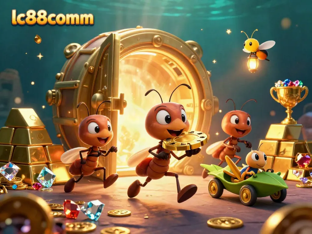 Join the action at lc88comm as cartoon ants execute a thrilling heist in a dazzling casino scene.