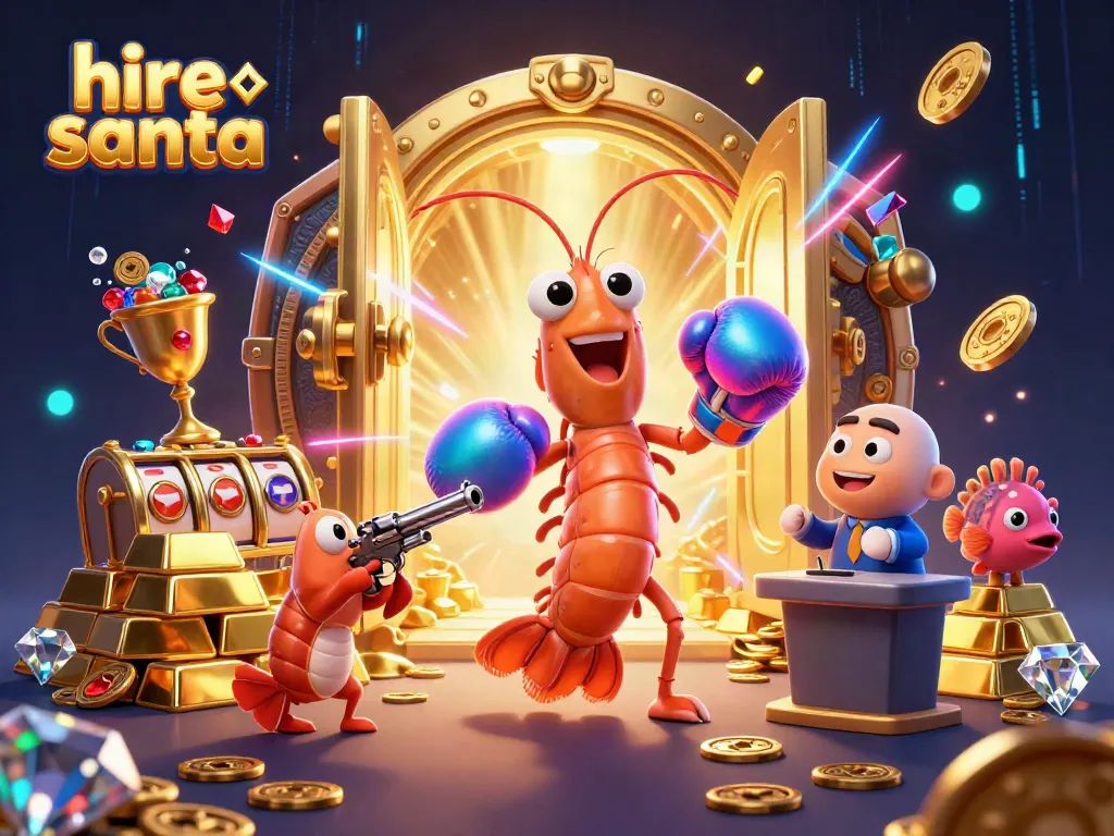 Engage with the festive spirit by hiring Santa, showcased as a vibrant 3D illustration with dynamic casino elements.
