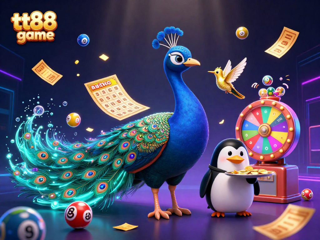 Join the excitement of tt88 game with vibrant balloons, gold tickets, and dazzling characters in a lively casino scene.