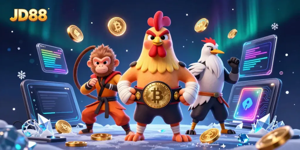 Experience the thrill of JD88 with a vibrant scene showcasing martial arts and cryptocurrency elements.