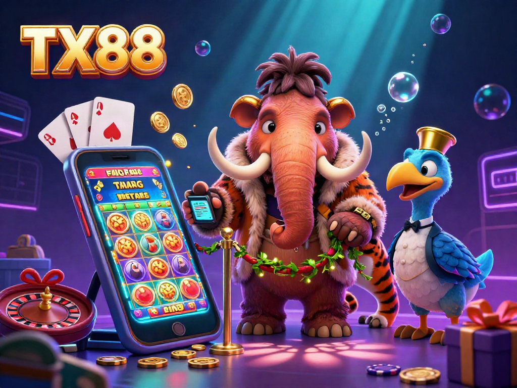 Experience TX88 excitement with a vibrant 3D cartoon scene featuring a woolly mammoth bouncer, tiger VIP, and dodo doorman.