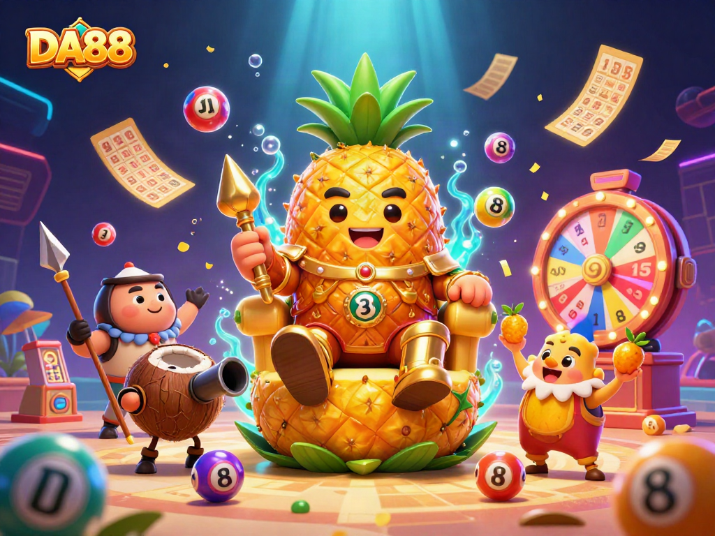Engage with DA88's vibrant casino scene featuring lively characters and lottery-themed elements.