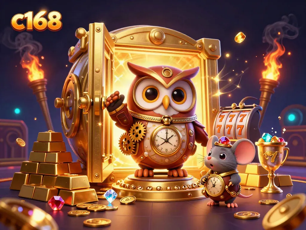 Experience the thrill of c168 with vibrant casino excitement, featuring the time-traveler owl with golden treasures.