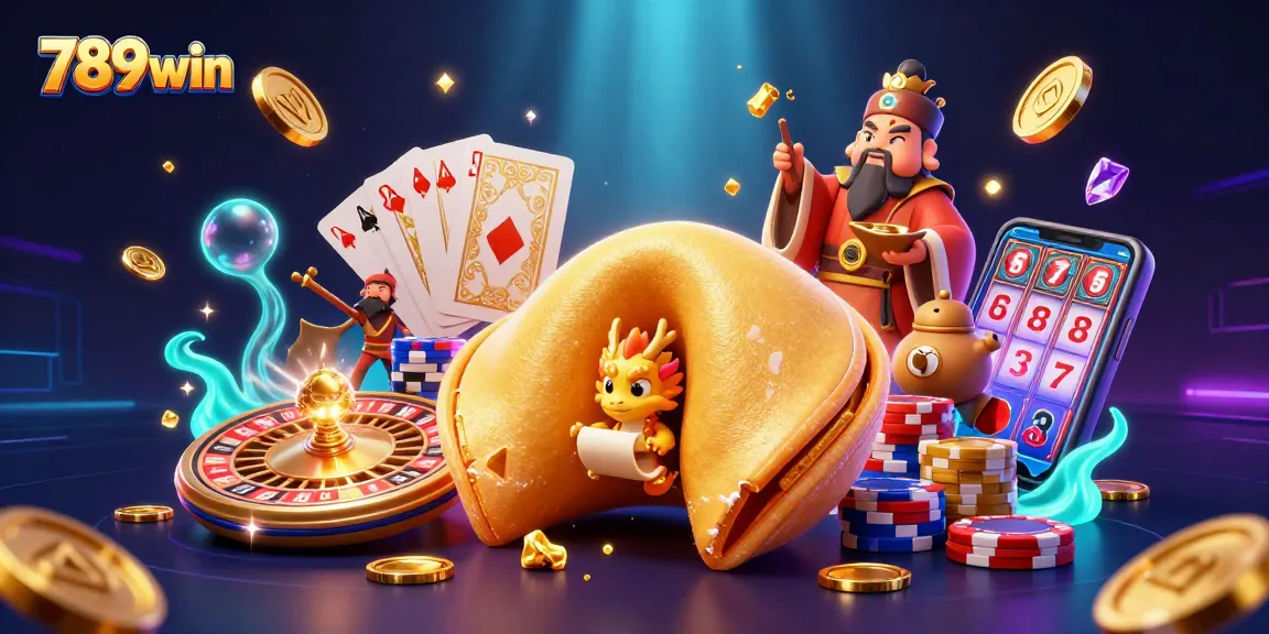 Players celebrate winnings in a vibrant 789win casino scene with treasure and slot reels.