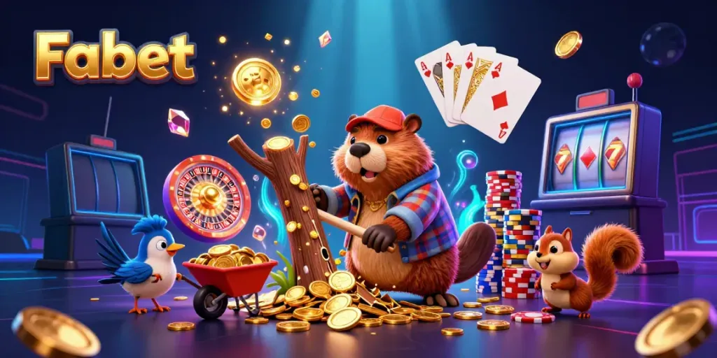 Experience the excitement of Fabet with a vibrant playground of coins, cards, and characters celebrating gaming.