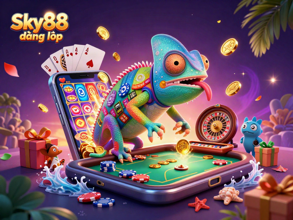 Sky88 đăng nhập features a vibrant 3D illustration of a chameleon casino owner amidst colorful gaming elements.