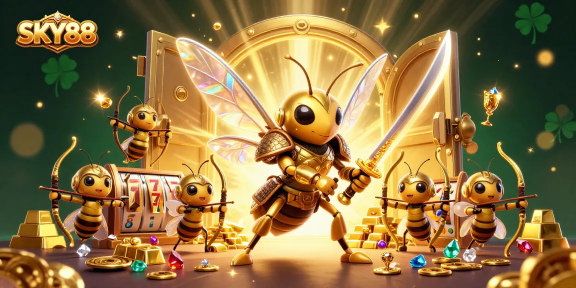 SKY88 online casino showcases dynamic slots with golden hornets in an energetic 3D scene.