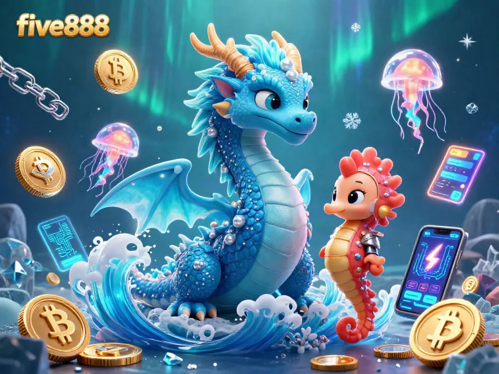 Experience the vibrant world of five888 casinos with a mystical dragon, coral knight, and neon jellyfish.