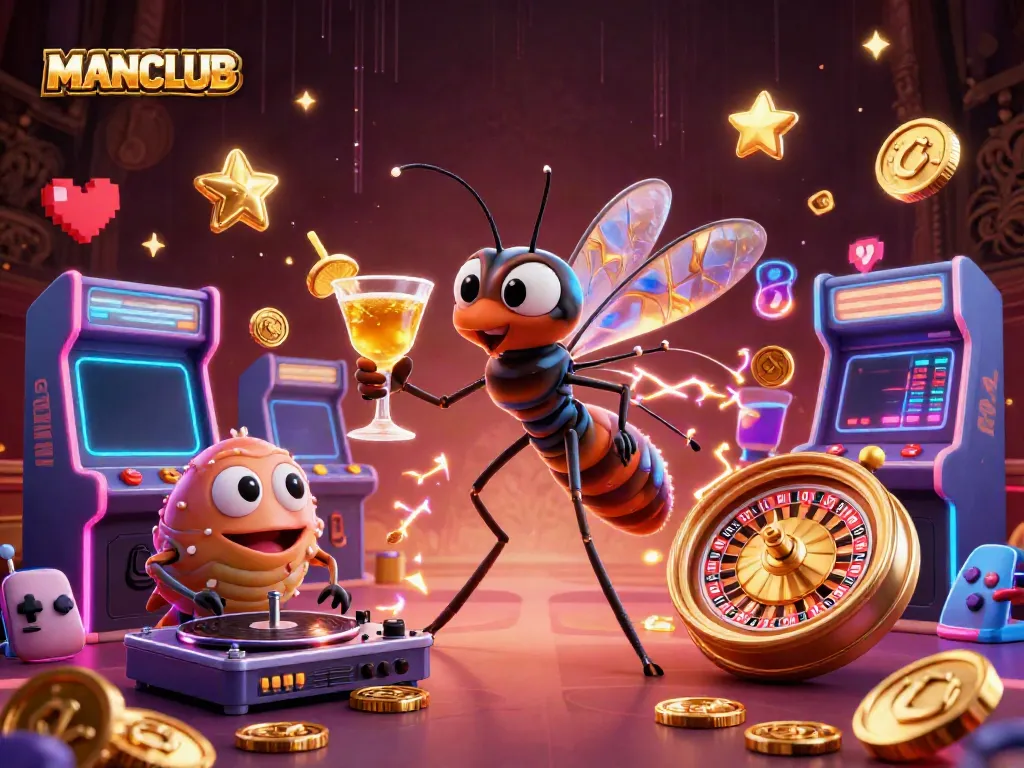 Experience the excitement of MANCLUB with vibrant casino graphics, featuring unique characters and gaming elements.