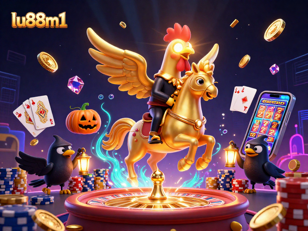 Experience thrilling wins at lu88m1 with golden rooster in the casino, celebrating with vibrant gambling elements.
