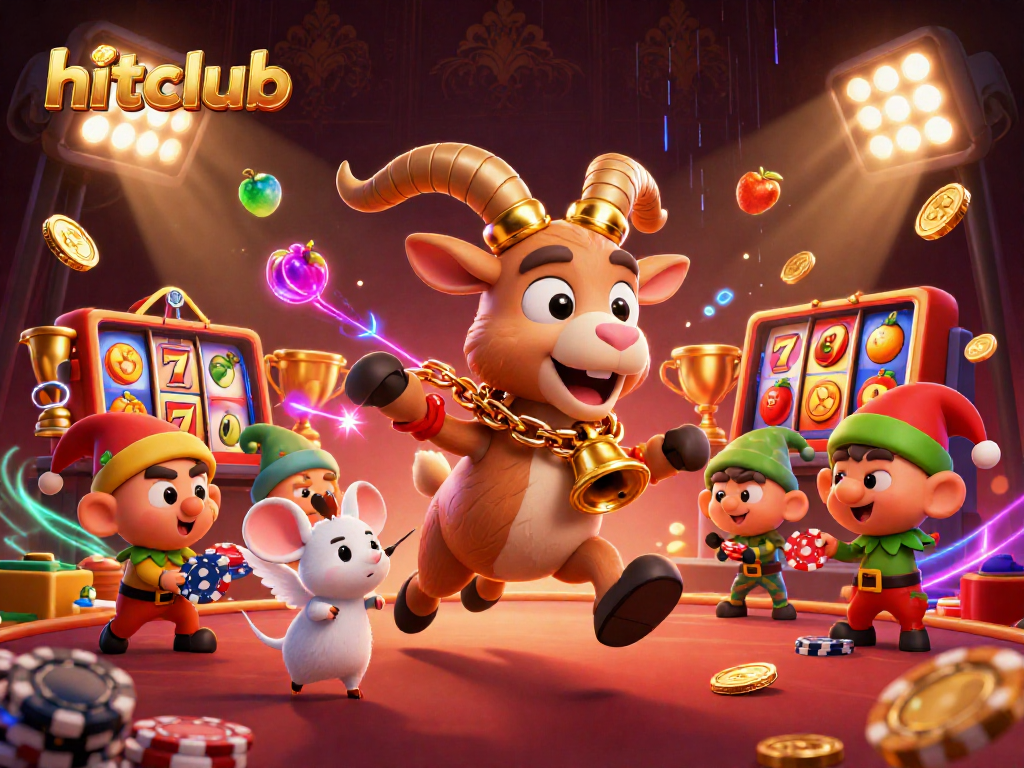 Spin the reels at hitclub with a festive Krampus and quirky helpers in a vibrant casino scene.