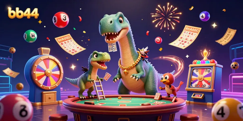 Engage in thrilling casino action at bb44 with a playful dinosaur-themed vibrant illustration.