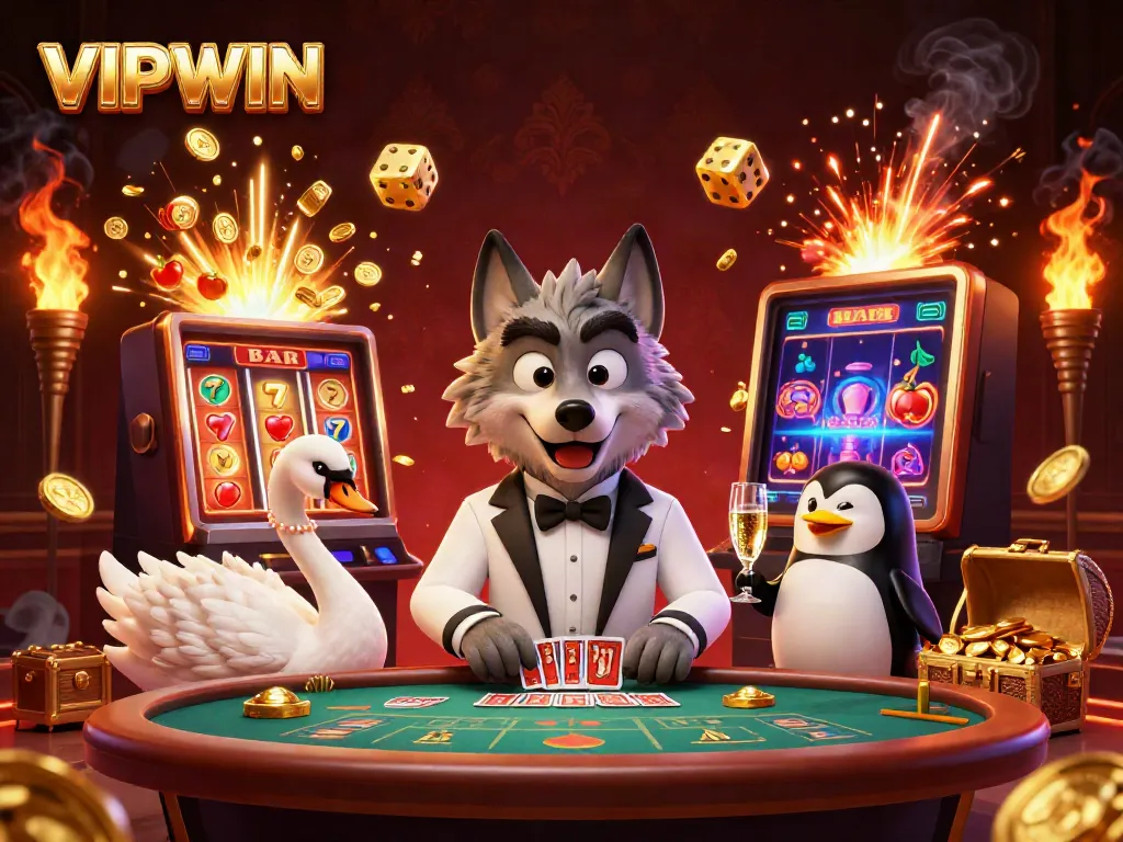 Experience thrilling moments at VIPWIN with a debonair wolf and elegant characters in a lively casino scene.