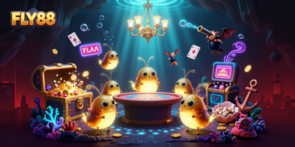 Experience vibrant casino action at FLY88 with glowworms lighting up the scene and treasure-filled surprises.