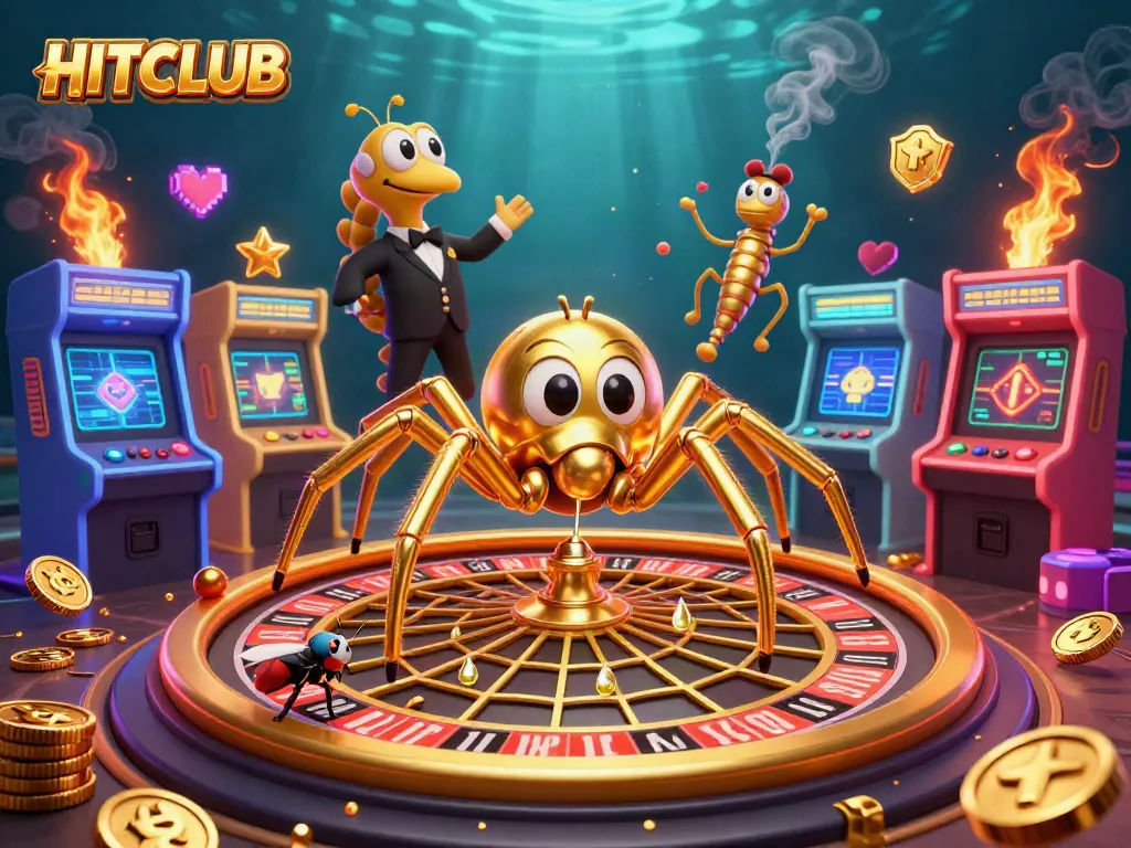 Experience HITCLUB with a golden spider-themed roulette wheel and dynamic casino elements for exciting gameplay.