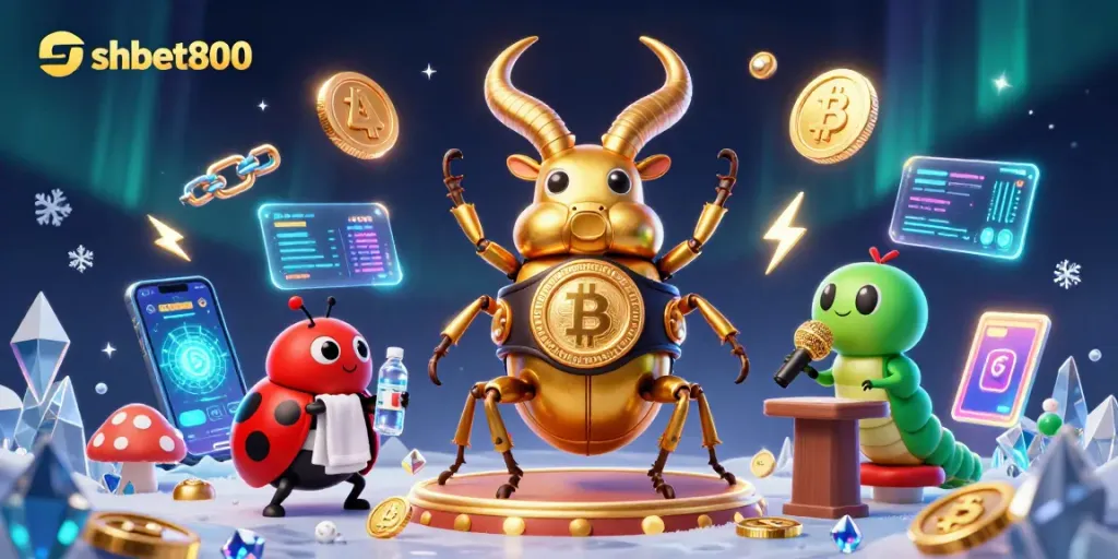 Engage with shbet800's vibrant casino experience, featuring a giant beetle boxing champion amidst floating crypto elements.