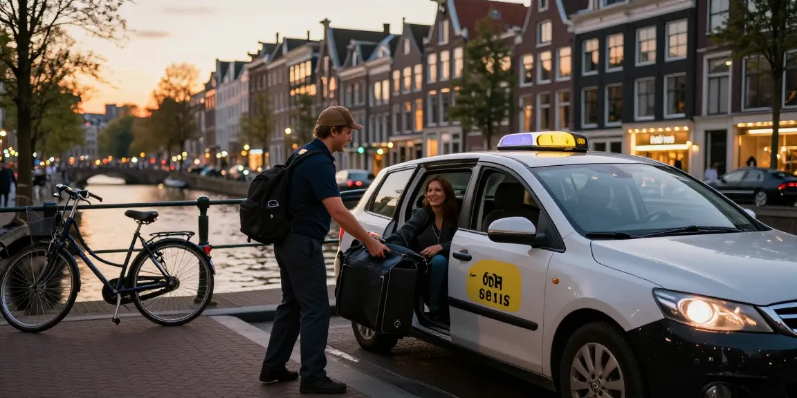 Taksi Amsterdam chauffeur helpt passagier met bagage in een schilderachtige stedelijke omgeving tijdens zonsondergang.