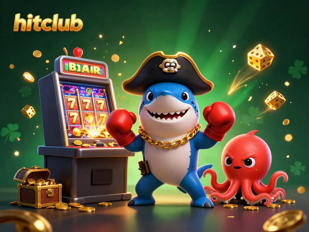 Hitclub's dynamic 3D casino scene with colorful characters and slot machine jackpot explosion.
