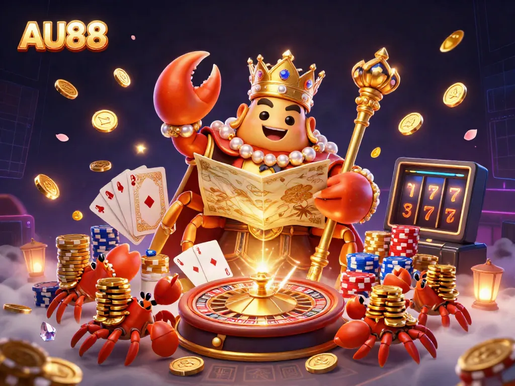 Experience the thrill at AU88 with a golden crab emperor and vibrant casino elements.