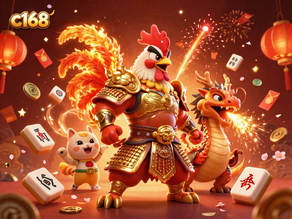 Experience thrilling gameplay at c168 with a powerful fighting rooster and dragon amidst casino elements.